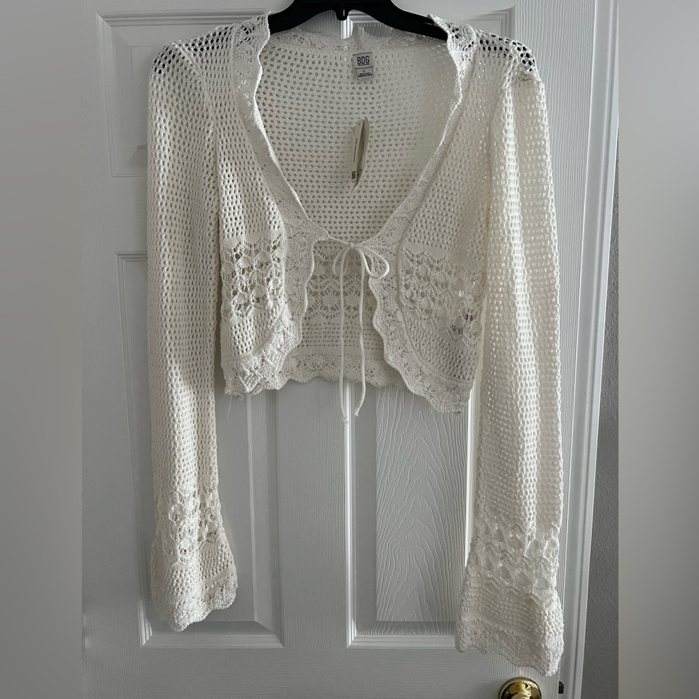 BDG Crochet Open-Knit Tie-Front Cardigan in Cream